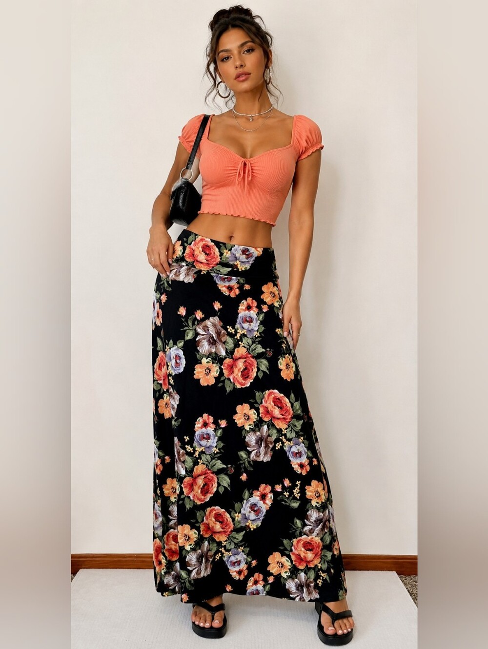 Agnes & Dora Floral Maxi Skirt Black Pink Boho Stretch Modest Cottagecore Y2K